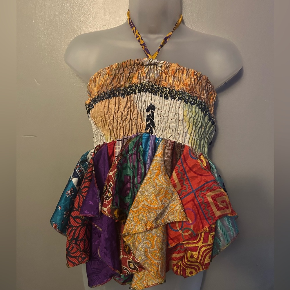 100% silk shirt - multi colored and print patchwork smocked halter top - Picture 1 of 8